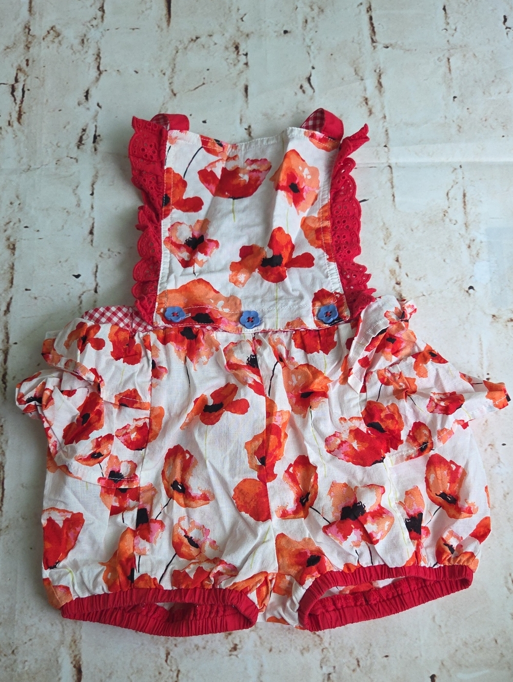 Red Floral Baby Romper with Eyelet Trim